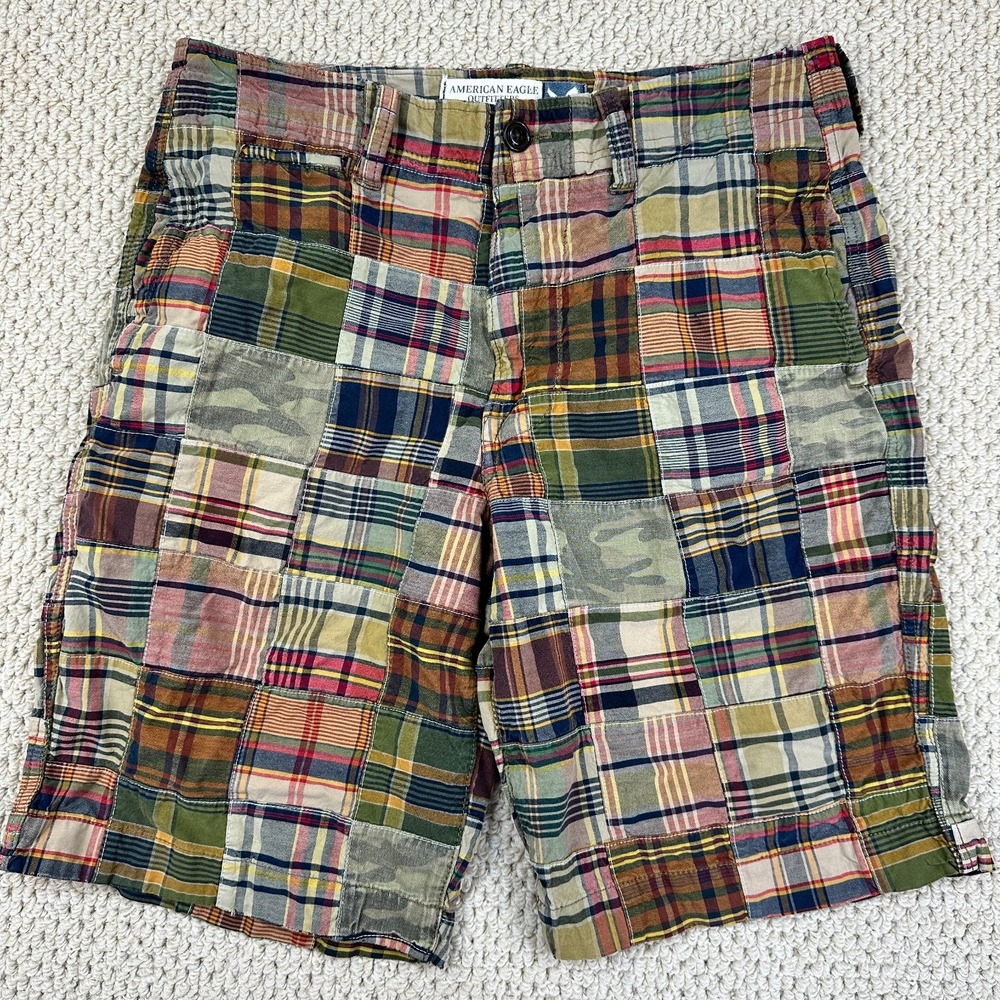 American Eagle Outfitters Shorts Mens 33 Camo Plaid Multi Color Patchwork Madras